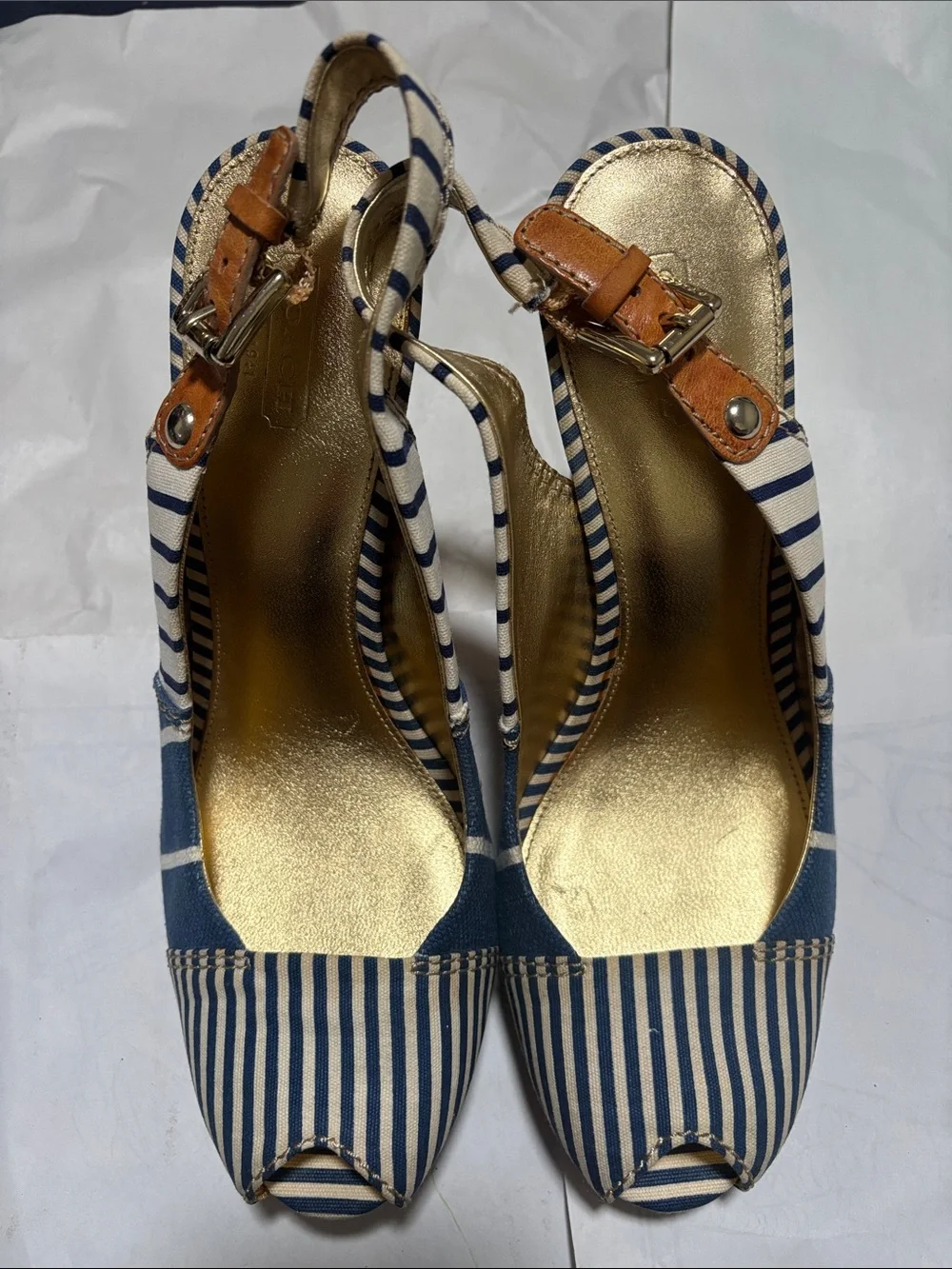 Coach Navy & White Striped Peep-Toe Slingback Heels with Gold Insole